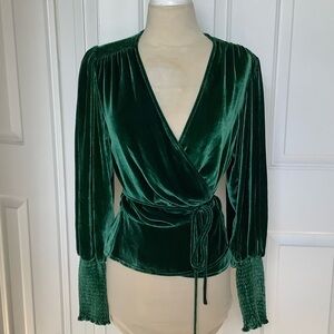 Reformation Deep Green Velvet Wrap Blouse. Size S.